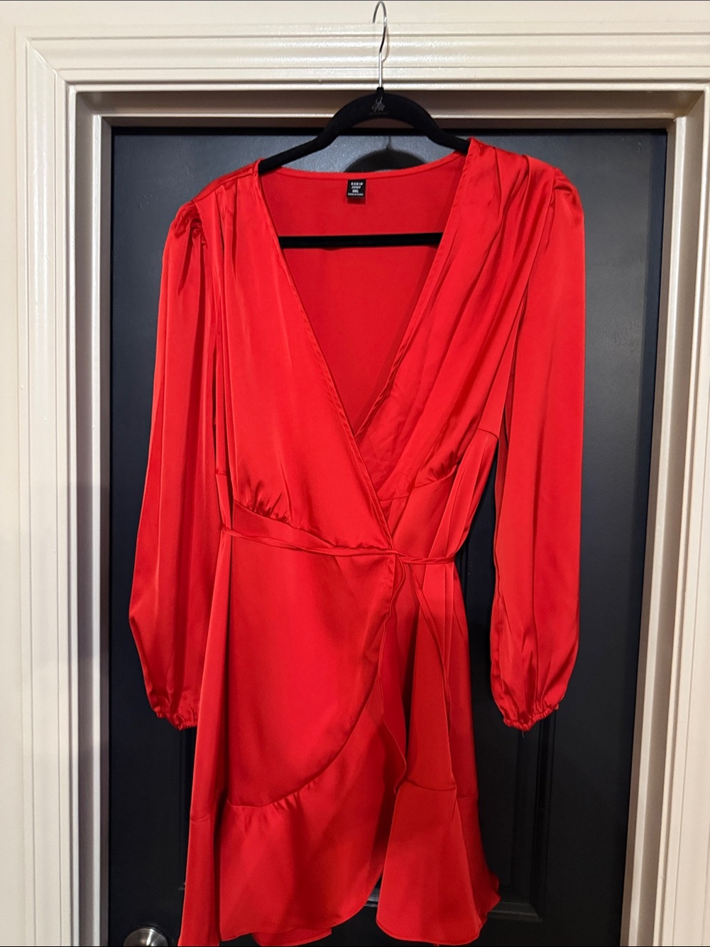 SHEIN Red Satin Wrap Long Sleeve Dress